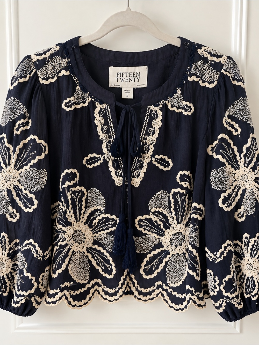 Fifteen Twenty Navy Blouse with Cream Floral Embroidery